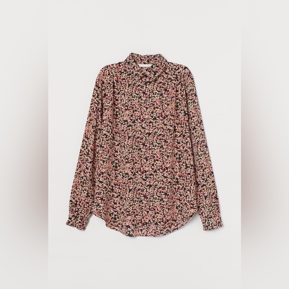 H&M Black Yellow Pink Floral Oversized Button Down Shirt Sz XS - Picture 7 of 7